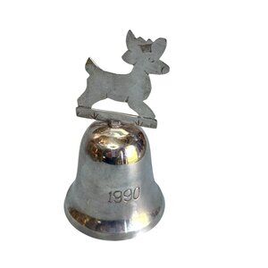 International  Silver Reindeer Bell Christmas Ornament 1990 4 1/2" X 2 1/2"